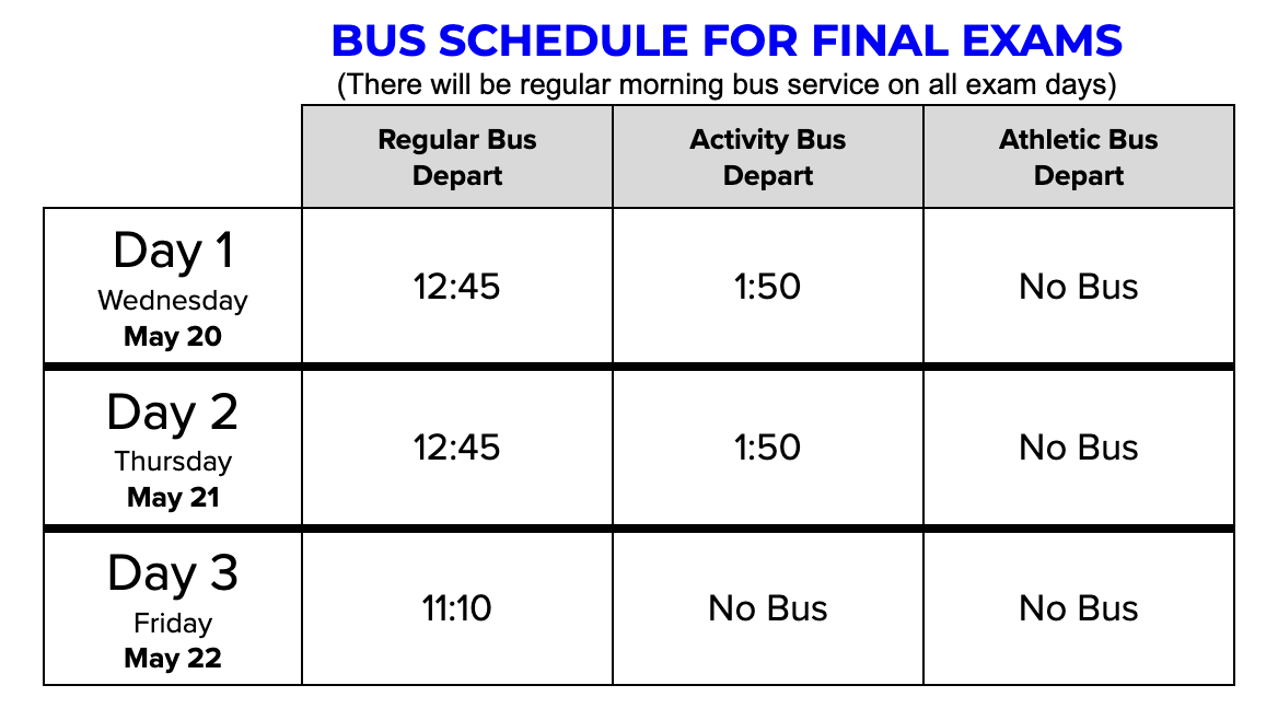 finals bus schedule spring 2026